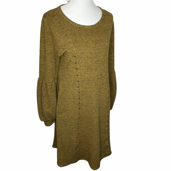 Spense Green Studded Balloon Sleeve Knit Sweater Dress Stretch Pull Over Size M - Picture 5 of 12